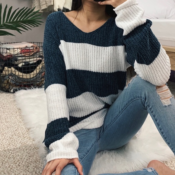 Felicias Sweaters - 🆕 Madison - Teal + White Striped Sweater